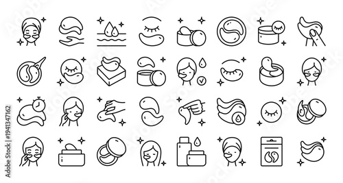 Eye Patches and Under Eye Care Icon Set: Outline Vectors for Skincare Labels and Beauty Branding