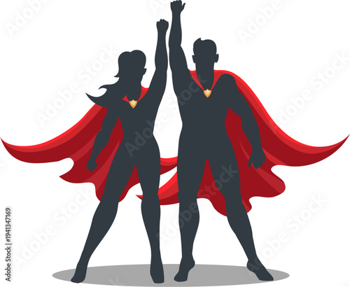 Male and female superhero silhouettes