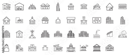 Collection of professional architectural building icons for city planning, urban design, and real estate development.