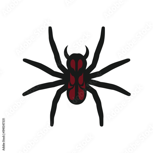 Spooky black widow spider with red markings and horns on white background