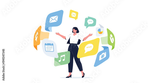 Illustration of a businesswoman surrounded by floating colorful speech and media icons on a white background.