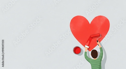 Person painting a large red heart on a white wall with a paint roller, representing love and care