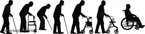 Set of elderly man silhouettes showing aging process and mobility aid use with walking stick, walker, and wheelchair cad vector illustration