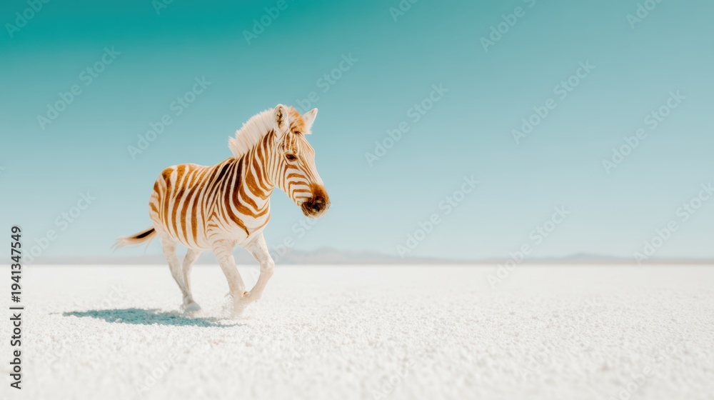 Fototapeta premium A striking zebra, showcasing its unique striped pattern, galloping gracefully across an expansive desert landscape under a clear blue sky, evoking a sense of freedom.