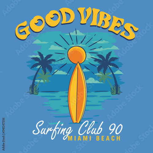 A cheerful and vibrant illustration for a surfing club with sunny vibes and palm trees, evoking a carefree and fun atmosphere of Miami Beach's surfing lifestyle.