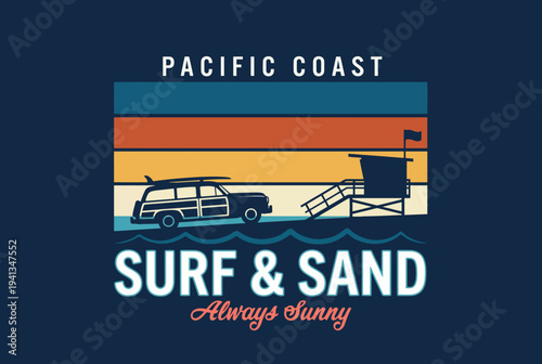 This serene artwork showcases the Pacific Coast with a classic woodie car and lifeguard tower, conveying a laid-back beach vibe and the always-sunny California spirit.