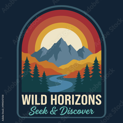 A captivating landscape art piece depicting mountains and a river under a colorful sunset, inspiring exploration and connection with nature's wild beauty and tranquility.