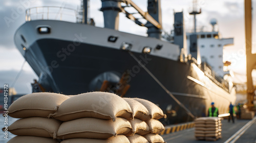 Wide shot of a dry cargo vessel in port, stacked grain sacks illuminated by golden sunlight, dock workers arranging cargo, visualizing efficient food trade
