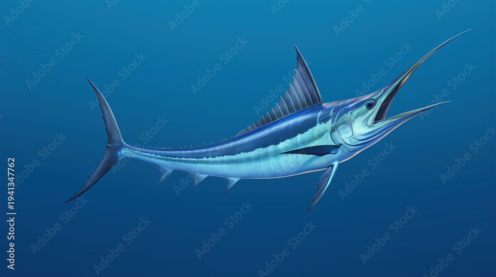 Obraz premium Graceful Blue Marlin Gliding Through Deep Ocean Waters Beneath Subtle Sunlight and Currents