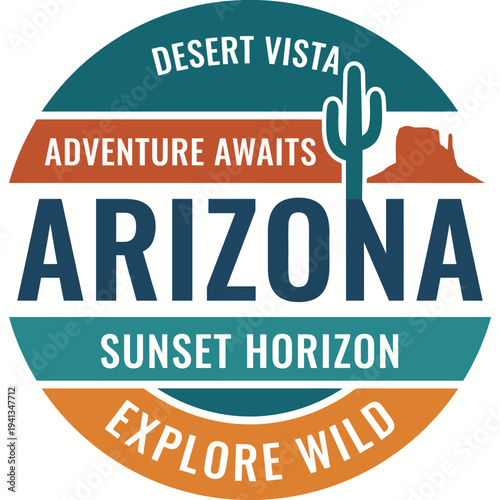 The bold and colorful depiction of Arizona's desert landscape invites adventurers to explore its stunning vistas and iconic cacti under the beautiful sunset horizon.