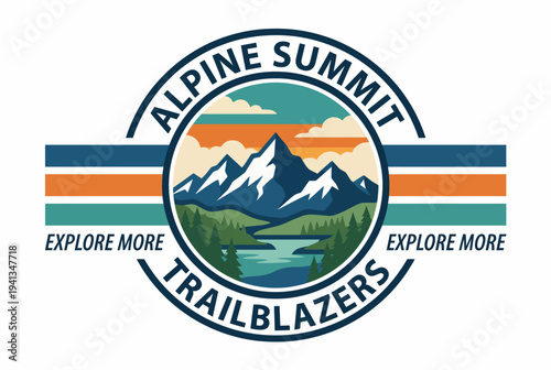 A logo featuring mountains and a serene lake reflects a spirit of adventure and exploration, suitable for brands focused on outdoor activities and nature lovers.