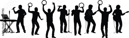 Set of musician silhouettes performing with guitar, microphone, keyboard, and tambourine for live concert, music festival, and entertainment cad vector illustration