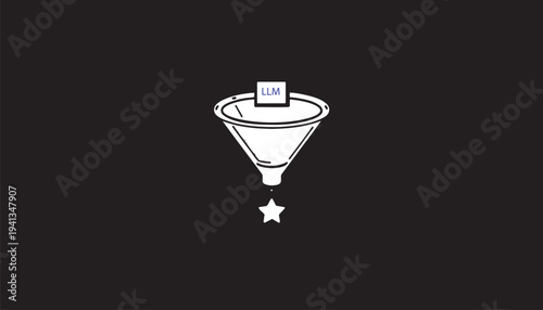 Minimalist black and white funnel icon with square input and star output symbolizing transformation filtering and data processing design