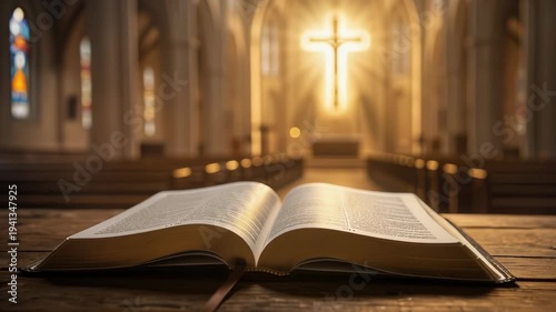 Open Bible in church with glowing cross and warm sunlight shining through stained glass windows