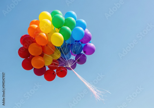 Colorful balloons floating in blue sky on sunny day  