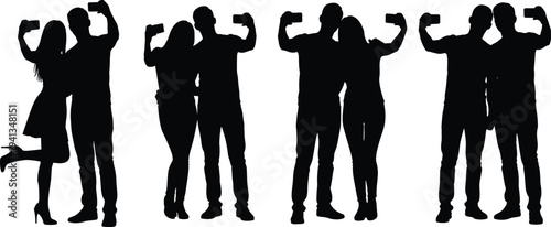 Set of young couple silhouettes taking selfie photos with smartphone for social media, friendship, dating, and cad drawing vector illustration