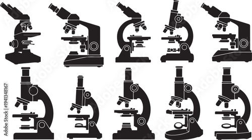 Collection of various black microscope illustrations on white background