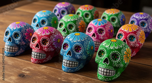 Colorful decorative sugar skulls arranged on wooden table  