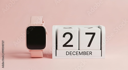 Pink Smartwatch Next to a White Flip Calendar Showing December 27