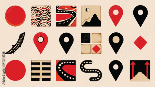 Modern map navigation route elements vector set with location pins and direction paths