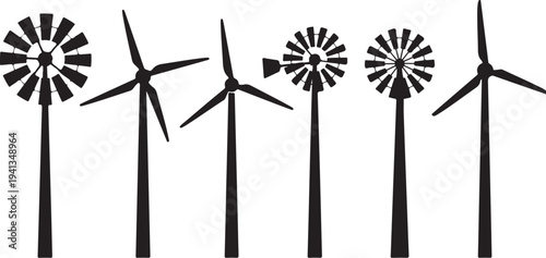 Wind Turbines Silhouette Renewable Energy Icon Set Graphic Design