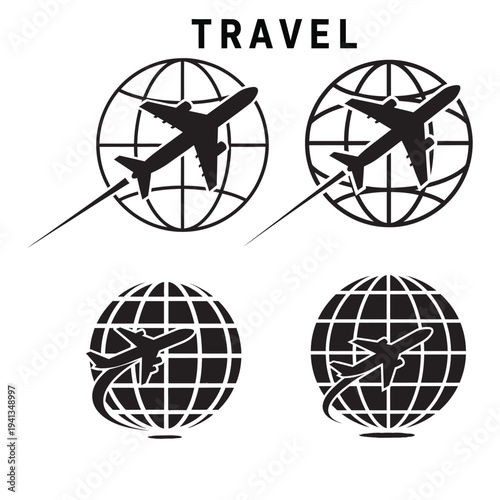 Travel icons featuring airplanes and globes in various designs