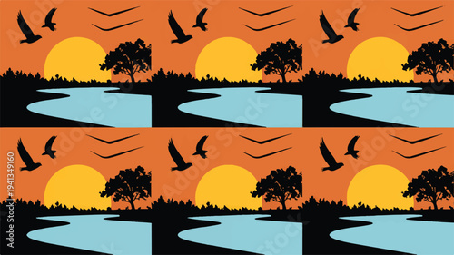 Seamless pattern of a sunset landscape with silhouetted trees, birds, and water, repeated horizontally and vertically