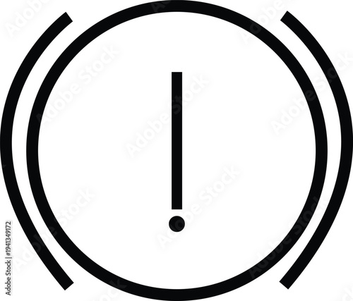 Black and white vector icon of a car brake warning light, featuring an exclamation mark inside a circle with two curved lines on the sides, ideal for automotive diagnostics and safety graphics.