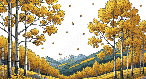 Autumn Aspen Forest with Falling Leaves and Mountain Vista