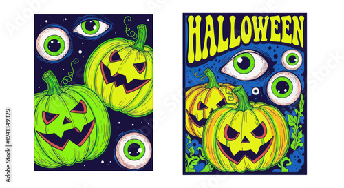 Spooky Halloween Pumpkins with Eyes - Psychedelic Art Style