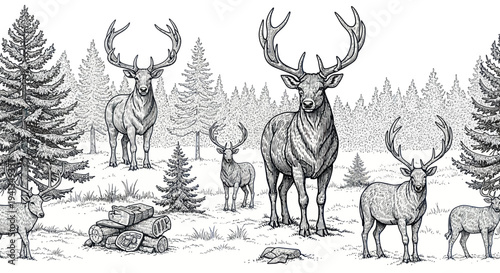 Majestic Deer Herd in Snowy Forest Landscape, Vintage Sketch Style