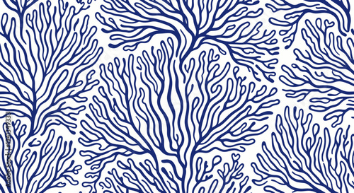 Seamless Blue Coral Branch Pattern on White Background