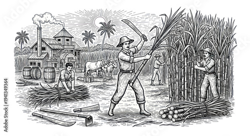 Sugarcane Harvesting and Processing in a Vintage Farm Illustration