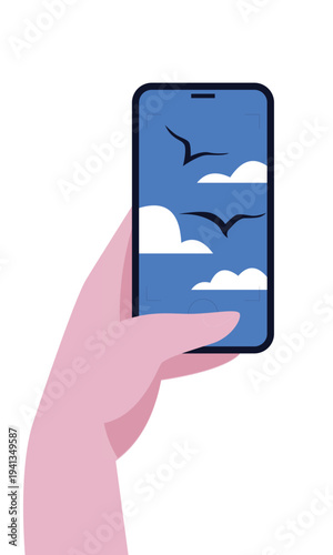 Hand holding smartphone with blue sky screen showing clouds and flying birds, minimal mobile mockup illustration isolated on white background