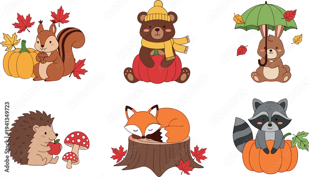 Fototapeta premium Cute autumn forest animals vector set with squirrel, bear, hedgehog, fox, raccoon and pumpkins cartoon fall illustration
