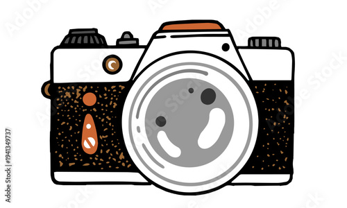 Hand drawn retro camera illustration with big lens and textured body, cute doodle photography icon isolated on white background