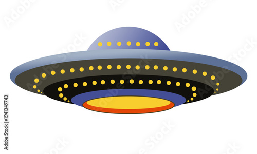 Cartoon UFO flying saucer with glowing lights and domed top, sci-fi alien spacecraft icon isolated on white background