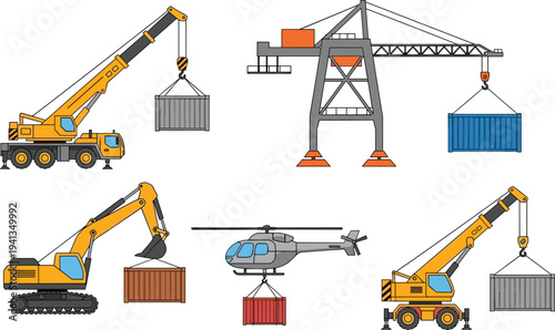 Cargo lifting and logistics transport machinery set featuring cranes, excavator and helicopter moving shipping containers for industrial freight operations isolated on white background