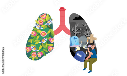 Split lungs concept: healthy floral lungs versus dead polluted lungs with graveyard, skull and smoker, dramatic smoking harm and lung disease comparison illustration