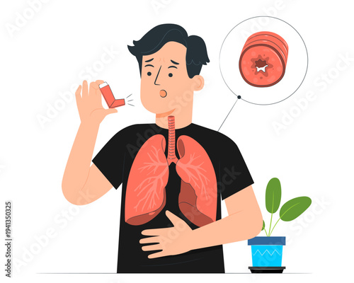 Man using asthma inhaler with lung diagram and airway obstruction close-up, respiratory health and breathing problem medical illustration on white background