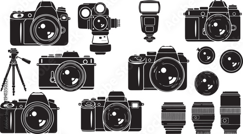 Collection of various camera equipment and photography tools