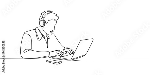 Continuous line drawing of a person with headphones working on a laptop