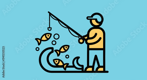Man fishing with many fish nearby.