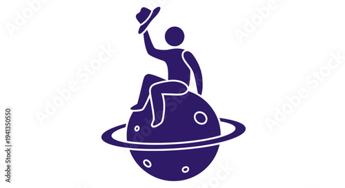 Man sitting on planet waving hat.