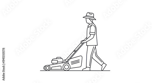 Man pushing lawn mower outdoors slowly.