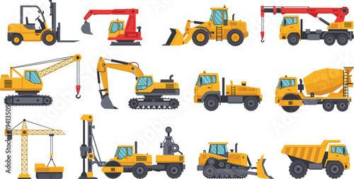 Construction machinery collection featuring excavator, bulldozer, forklift, cranes, dump truck, concrete mixer and road roller for engineering and building industry isolated on white background