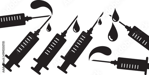 Black Syringes and Droplets on White Background Illustration