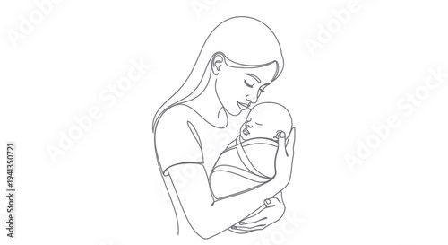Mother Breastfeeding Baby Line Art Illustration.