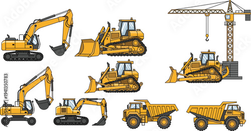 Construction machinery collection featuring excavators, bulldozers, tower crane and dump trucks for heavy engineering, earthmoving and infrastructure building projects isolated on white background