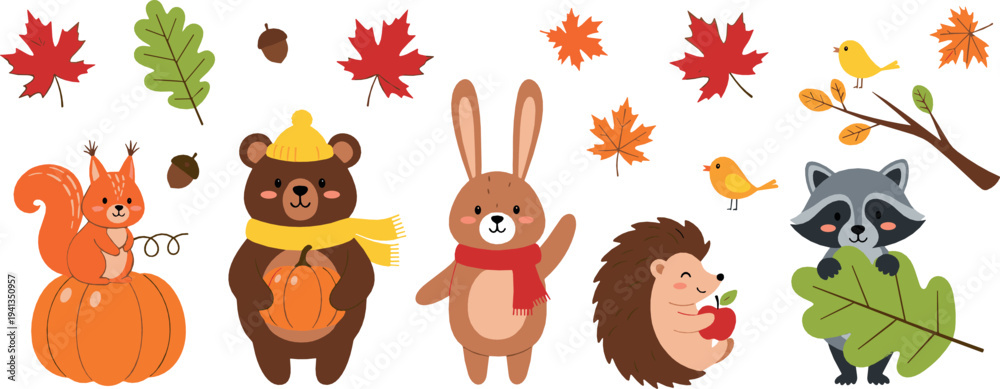 Naklejka premium Cute autumn woodland animals vector set with bear, rabbit, hedgehog, raccoon, squirrel, pumpkins and fall leaves seasonal cartoon illustration